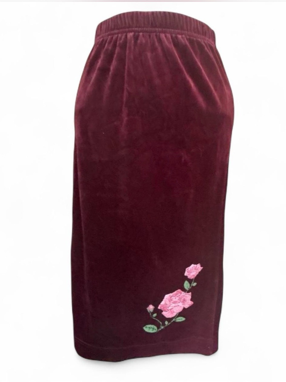 Girls' Burgundy Velvet Skirt with Pink Rose Detail deadstock